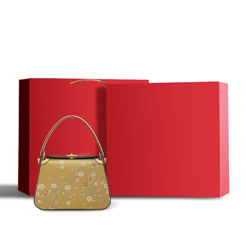 Luxury Chinoiserie Song Brocade Magpie & Plum Blossom Handbag with red gift box.