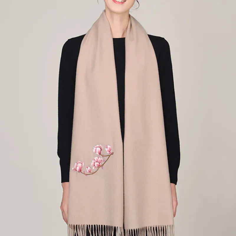 Luxury chinoiserie Suzhou embroidery cashmere scarf in beige, draped on model (main image).