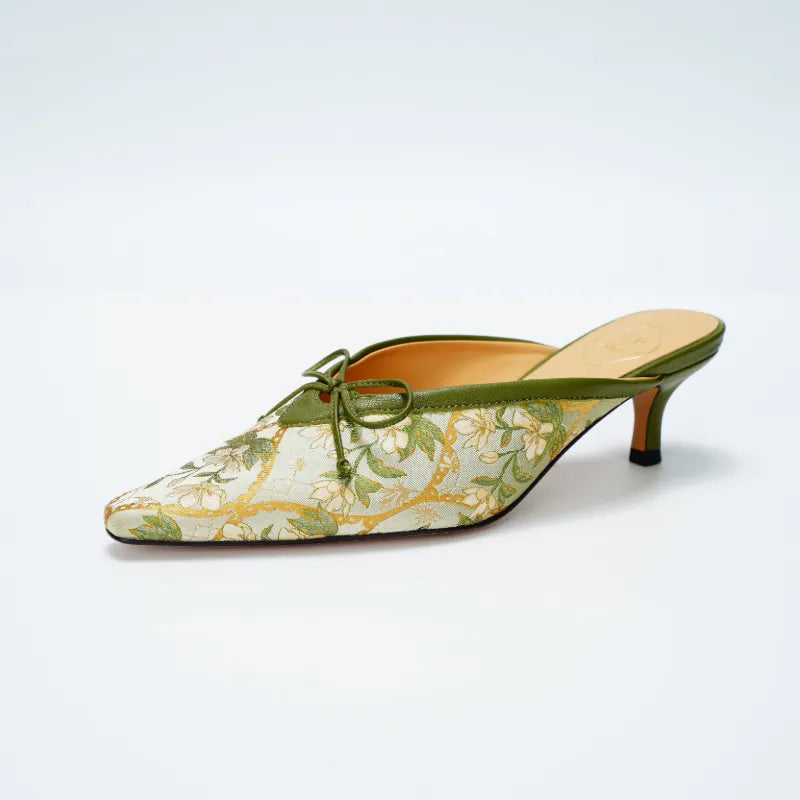 Luxury Dayun Brocade pointed toe kitten heel mule shoes with Verdant Floral motif and graceful silhouette.