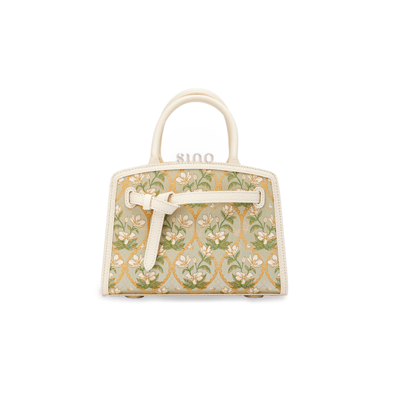 Updated front view of the Luxury Dayun Brocade Verdant Floral Large Leather Top Handle Bag, featuring a structured silhouette, verdant floral brocade pattern, and elegant leather top handle design.