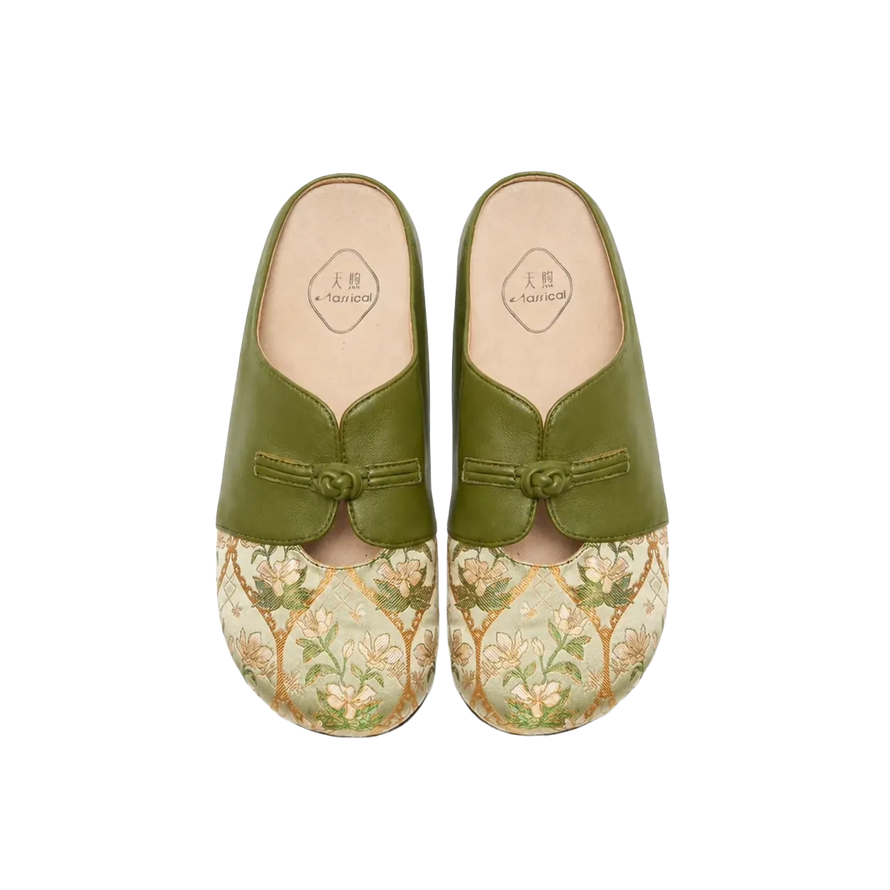 Luxury Dayun Brocade Verdant Floral mules for women, top view showcasing the elegant floral brocade pattern and refined green leather design.