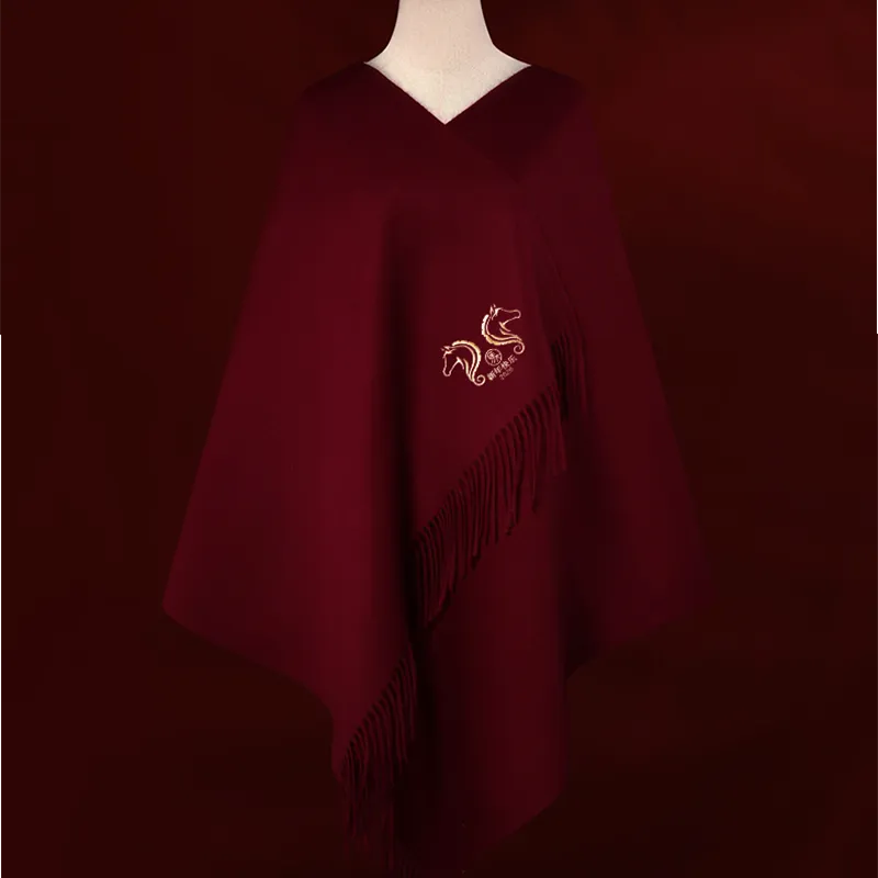 Luxury embroidered wool cashmere scarf (180x30 cm) with 2026 Happy Horse Year chinoiserie design – vibrant silk thread embroidery on red.