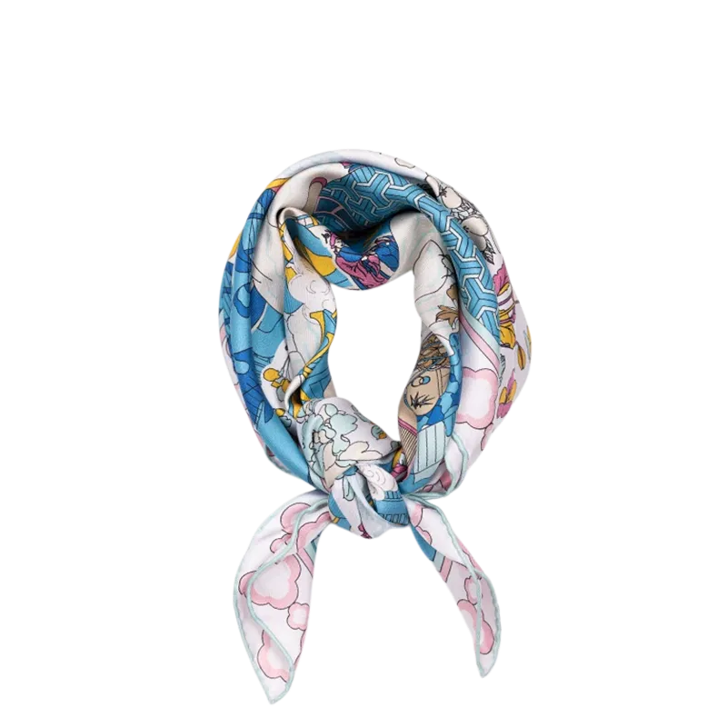 Product-only view of the Luxury Nanjing Brocade Grand View Garden mulberry silk large square scarf, folded into a loop to show the colorful print and smooth silk finish.