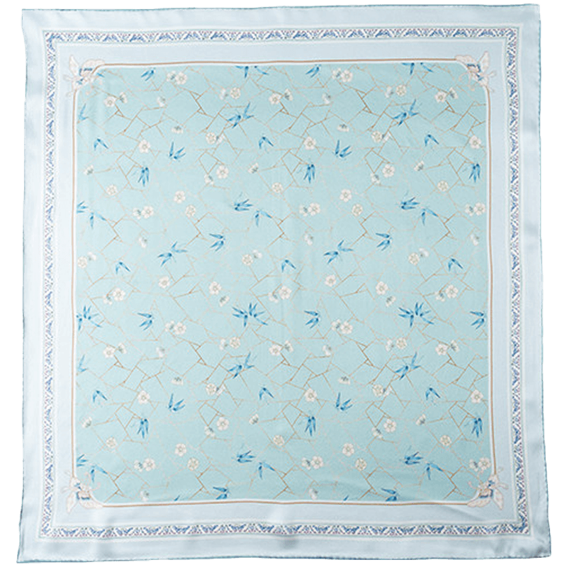 Luxury Ice-Crack Plum & Bamboo Print Mulberry Silk Square Scarf 50cm in blue-green with plum blossoms, bamboo leaves and geometric motifs.