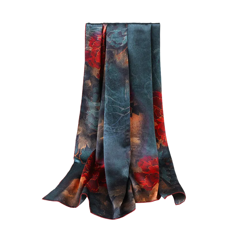 Luxury Mulberry Silk Square Scarf Midnight Peony - Full view on white background.