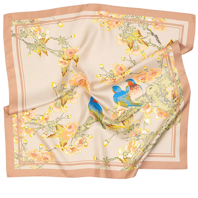 Full view of the Luxury Nanjing Brocade Cherry Blossom Birds mulberry silk square scarf in a soft beige and blush palette.