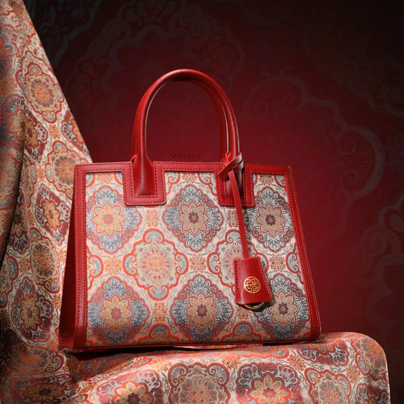 Handbag on Song brocade fabric showcasing Baoxiang motif.