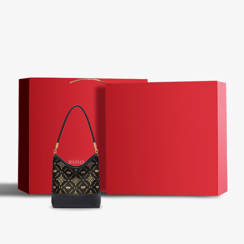 Luxury Shu Brocade Gilded Jade shoulder bag presented with an elegant red gift box.