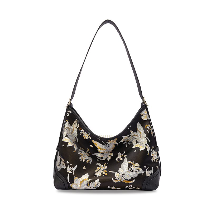 Front view of the Luxury Shu Brocade Osmanthus Butterfly Leather Crossbody Bag, featuring a black Shu brocade body with osmanthus and butterfly motif and black leather trim.