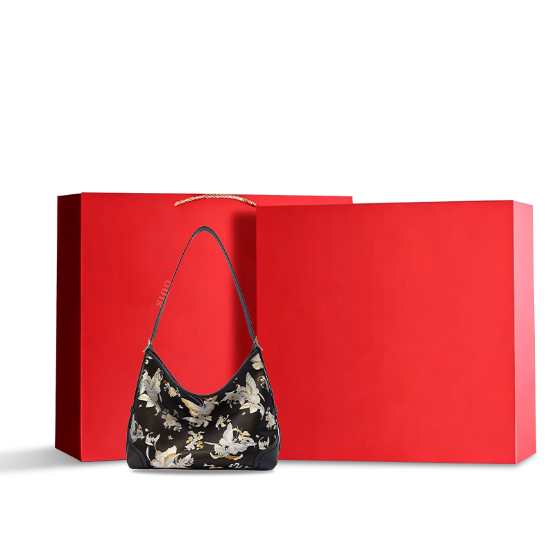 Luxury Shu Brocade Osmanthus Butterfly Leather Crossbody Bag displayed with a red gift box, ideal for gifting.