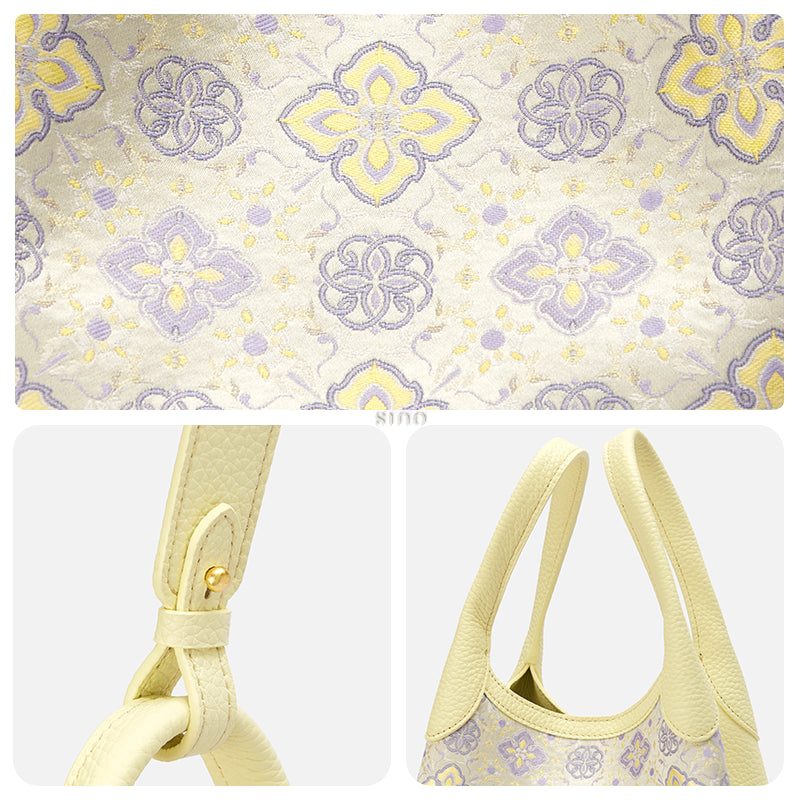 Three-panel detail view of the Luxury Shu Brocade Persimmon Calyx Motif Basket Tote Bag, showing the woven motif, strap hardware, and soft leather handles.