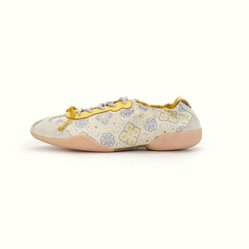 Luxury Shu Brocade Persimmon Motif ballet sneakers for women in Golden Yellow, side view showcasing the elegant woven pattern and slim silhouette.