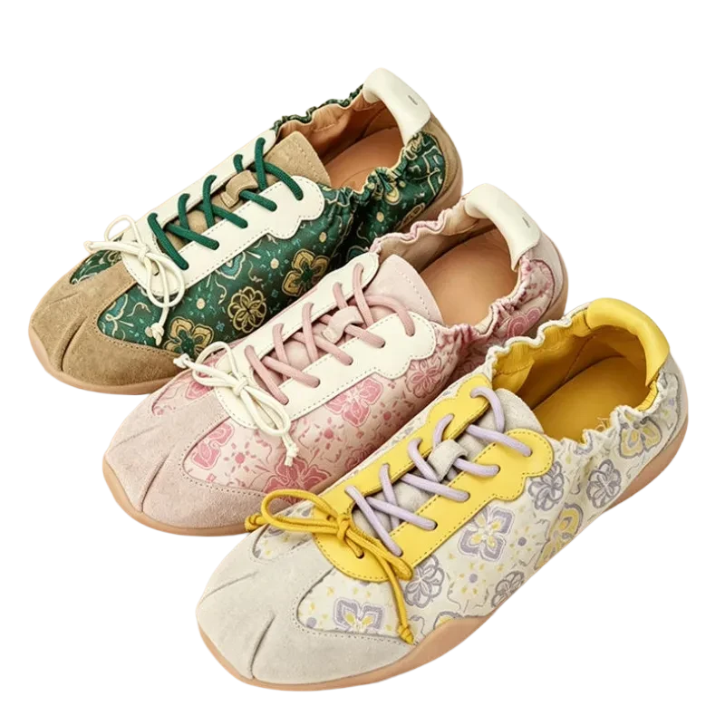 Luxury Shu Brocade Persimmon Motif ballet sneakers for women in pink, green, and yellow color options, showcasing the elegant Chinese brocade patterns and modern ballet-inspired design.