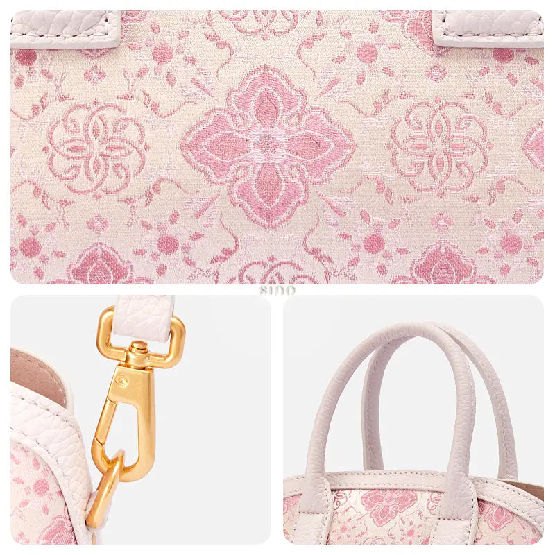 Close-up detail of the Luxury Shu Brocade Pink Persimmon Calyx Leather Top Handle Bag highlighting the pink brocade motif, gold-tone hardware, and top handle.