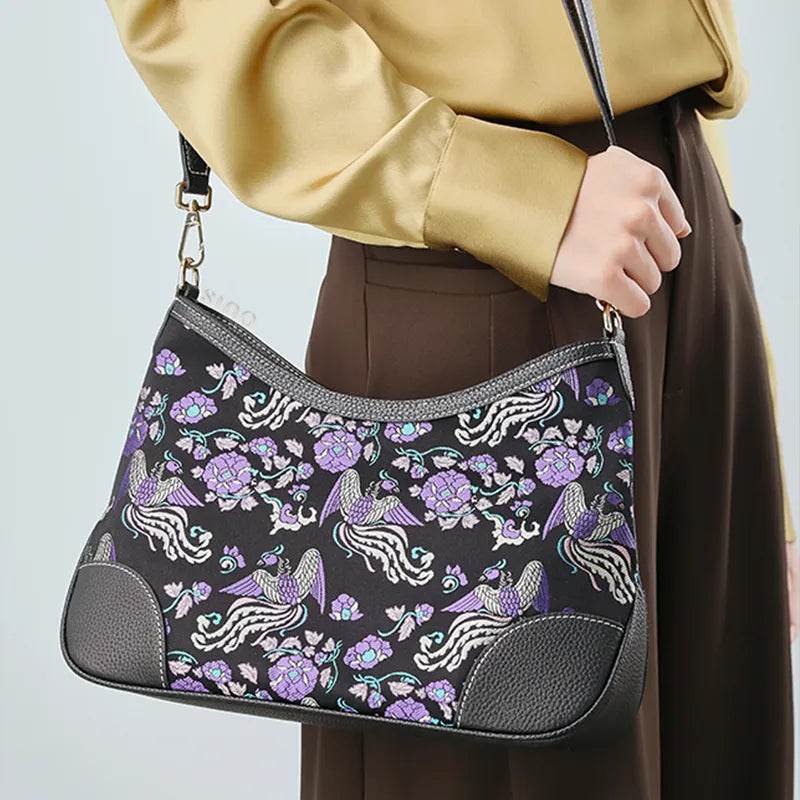 Luxury Shu Brocade Shoulder Bag with Classic Phoenix & Peony Motif - SinoCultural -- FJ110635