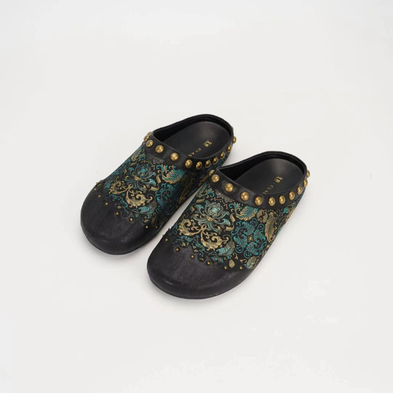 Luxury Song Brocade Ancient Leaf mules for women combining traditional Chinese craftsmanship with modern footwear design.