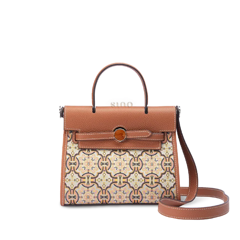 Luxury Song Brocade Auspicious Victory motif mini top handle bag with brown leather trim front view.