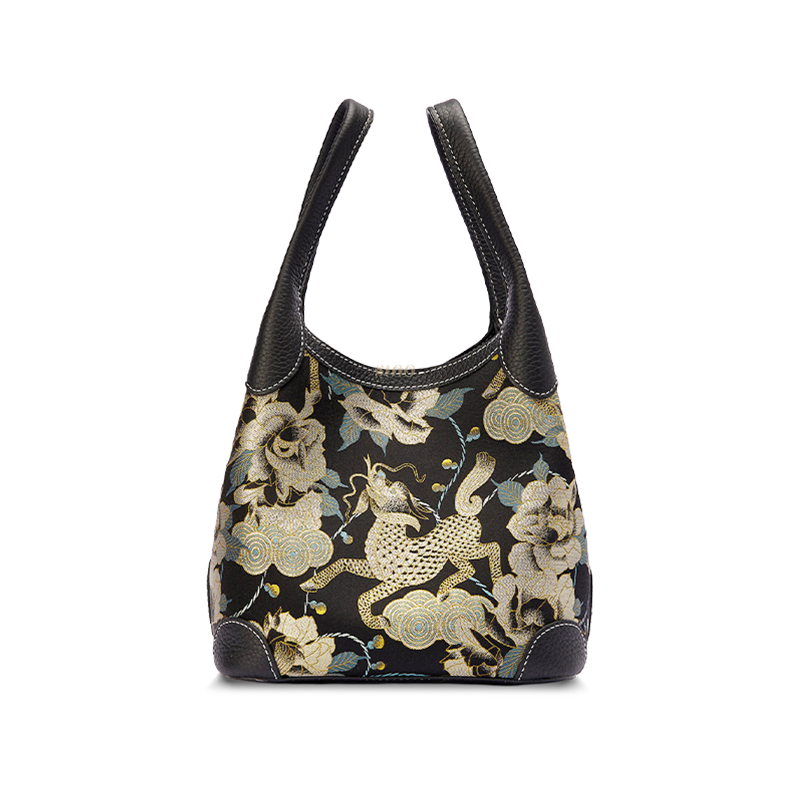 Luxury Song Brocade Black Gold Qilin Peony Leather Basket Tote Bag