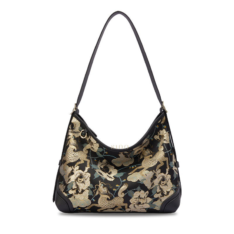 Front view of the Luxury Song Brocade Black Gold Qilin Peony Leather Crossbody Bag, featuring the black gold qilin and peony motif with black leather trim.