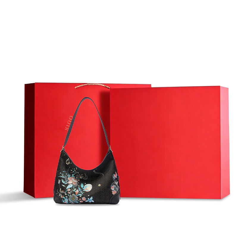 Luxury Song Brocade Blooming Flowers Leather Crossbody Bag displayed with a red gift box, ideal for gifting.