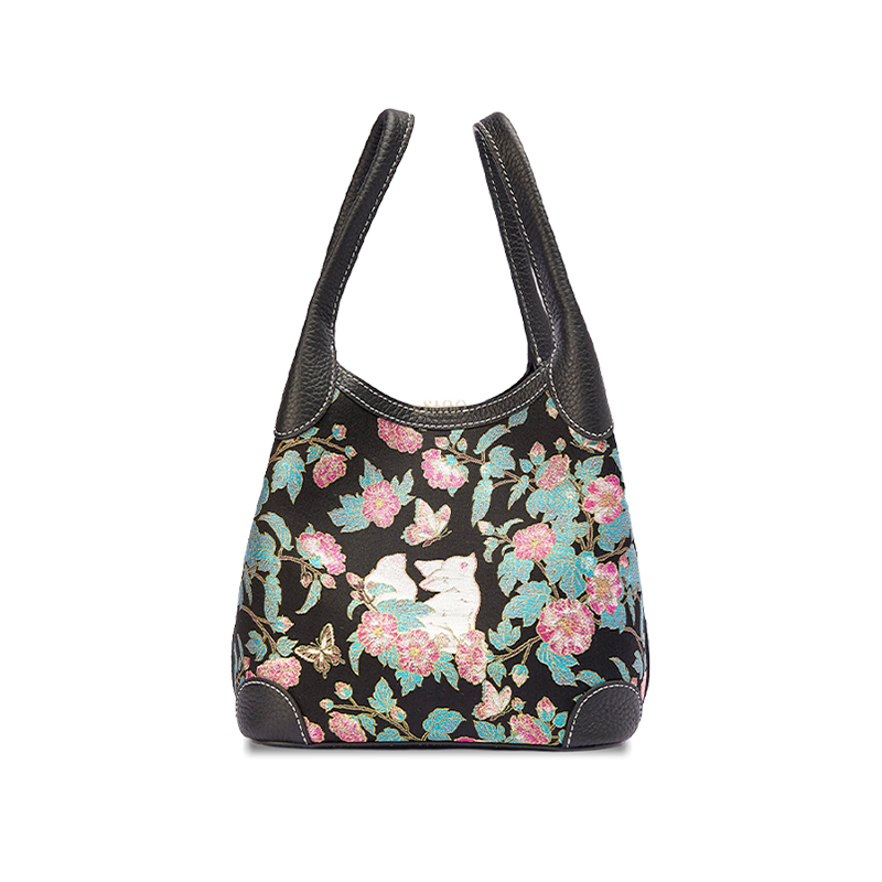 Front view of the Luxury Song Brocade Butterfly and Auspicious Fox Basket Tote Bag, featuring a black brocade body with fox, butterfly, and floral motifs.