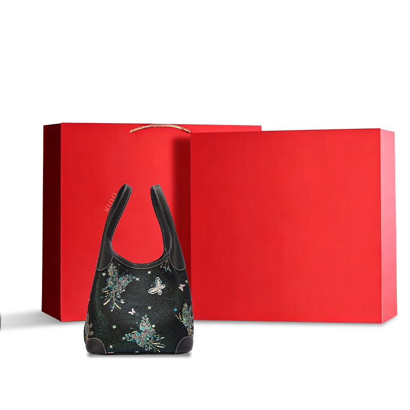 Luxury Song Brocade Butterfly & Pearl Leather Basket Tote Bag displayed with a red gift box, ideal for elegant gifting and premium retail presentation.