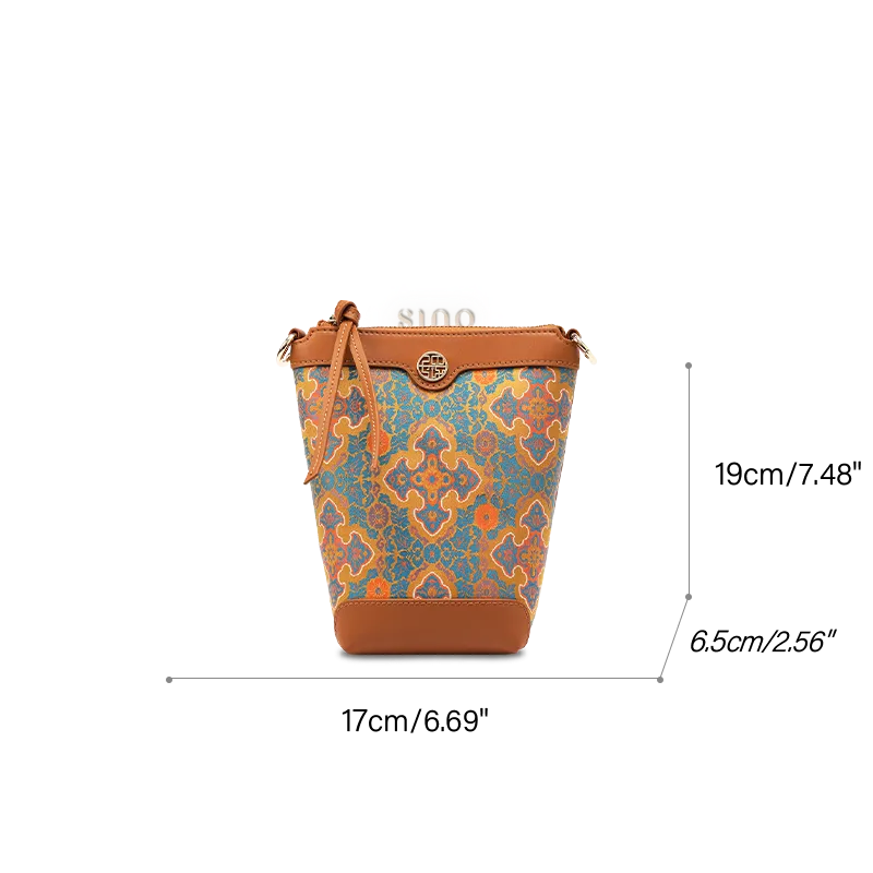 Size guide for Luxury Song Brocade Crossbody Phone Bag, 170 mm top, 100 mm bottom, 65 mm depth, 190 mm height.