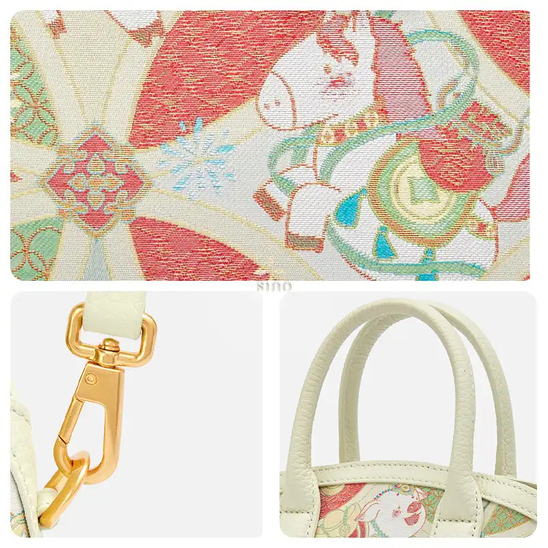 Front lifestyle view of the Luxury Song Brocade Enduring Prosperity Leather Top Handle Bag carried by hand.