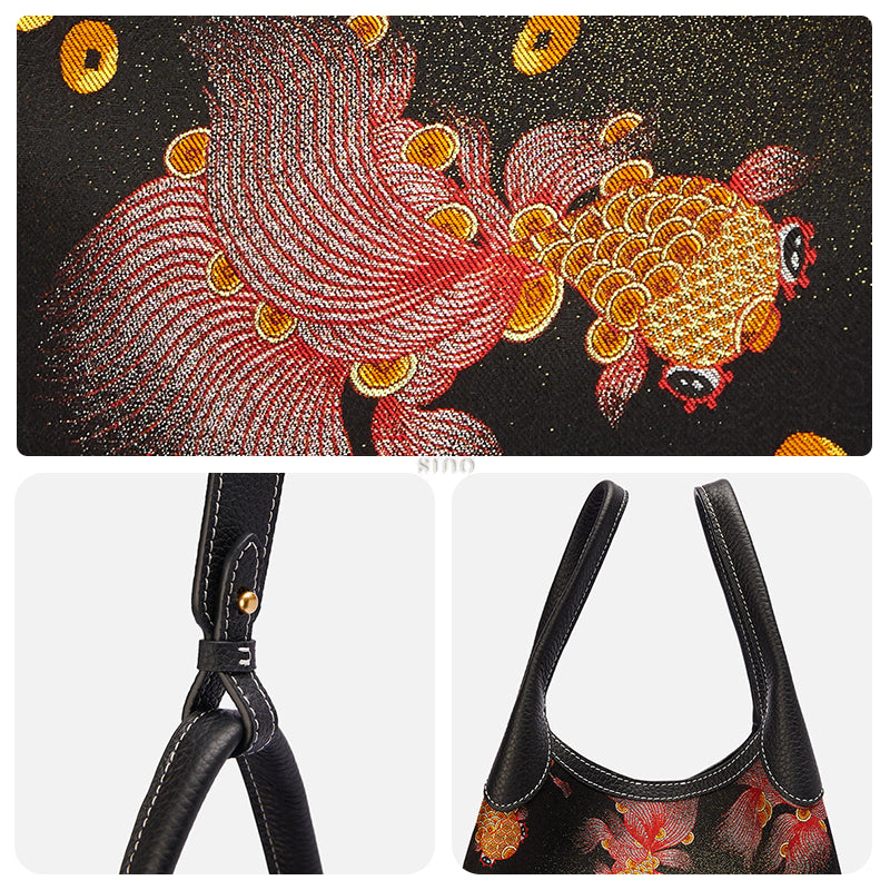 Three-panel detail view of the Chinoiserie Song Brocade Golden Carp Leather Basket Tote Bag, showing the woven carp motif, strap hardware, and soft leather handles.