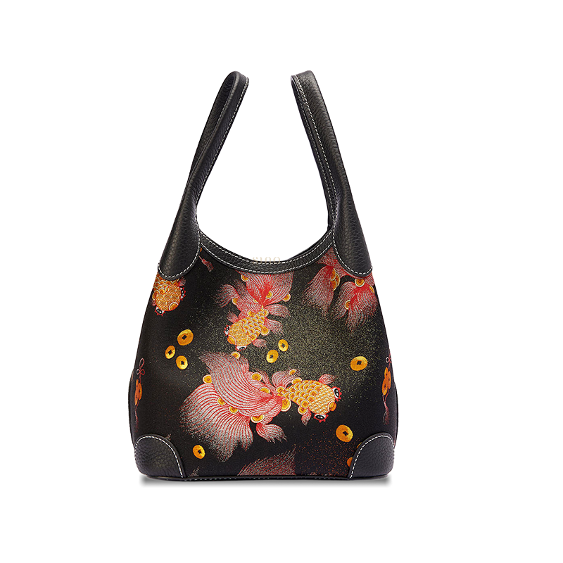 Front view of the Chinoiserie Luxury Song Brocade Golden Carp Leather Basket Tote Bag, featuring a black brocade body with red and gold carp motifs and coin details.