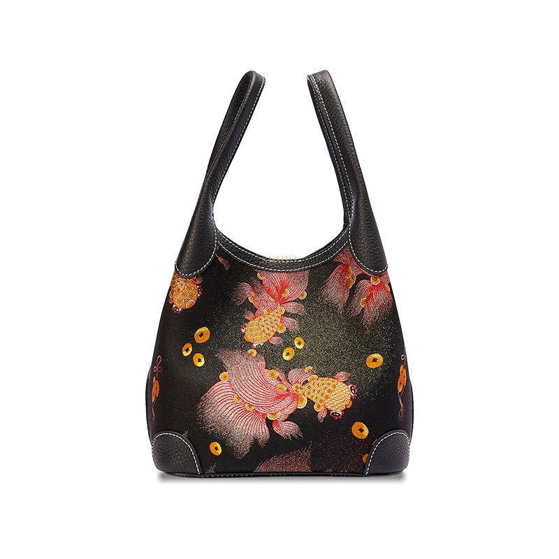 Front view of the Chinoiserie Luxury Song Brocade Golden Carp Leather Basket Tote Bag, featuring a black brocade body with red and gold carp motifs and coin details.