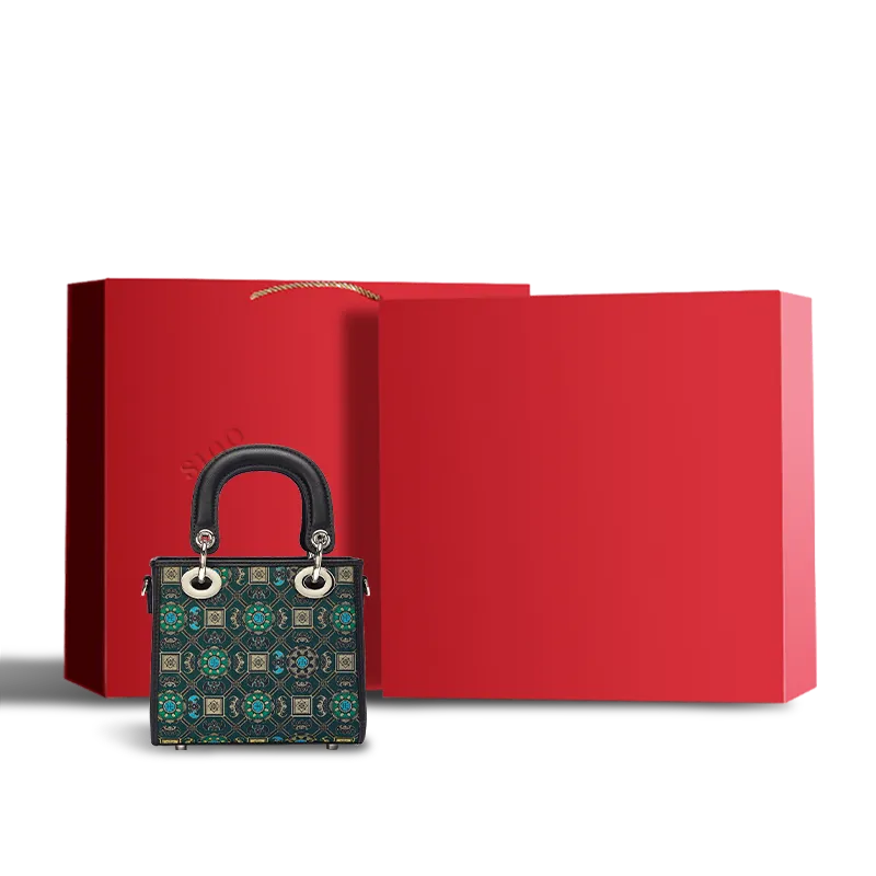 Luxury Song Brocade Lotus and Auspicious motif mini crossbody bag with red gift box packaging.