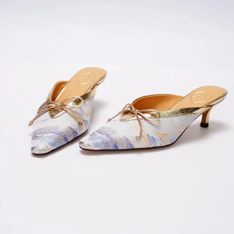 Luxury Song Brocade Moonlit Splendor kitten heel mules featuring pointed toe and elegant kitten heel design.