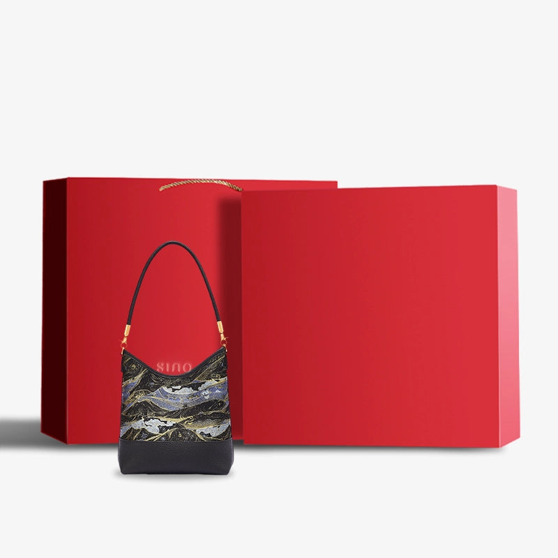 Luxury Moonlit Splendor Song Brocade shoulder bag displayed with an elegant red gift box.