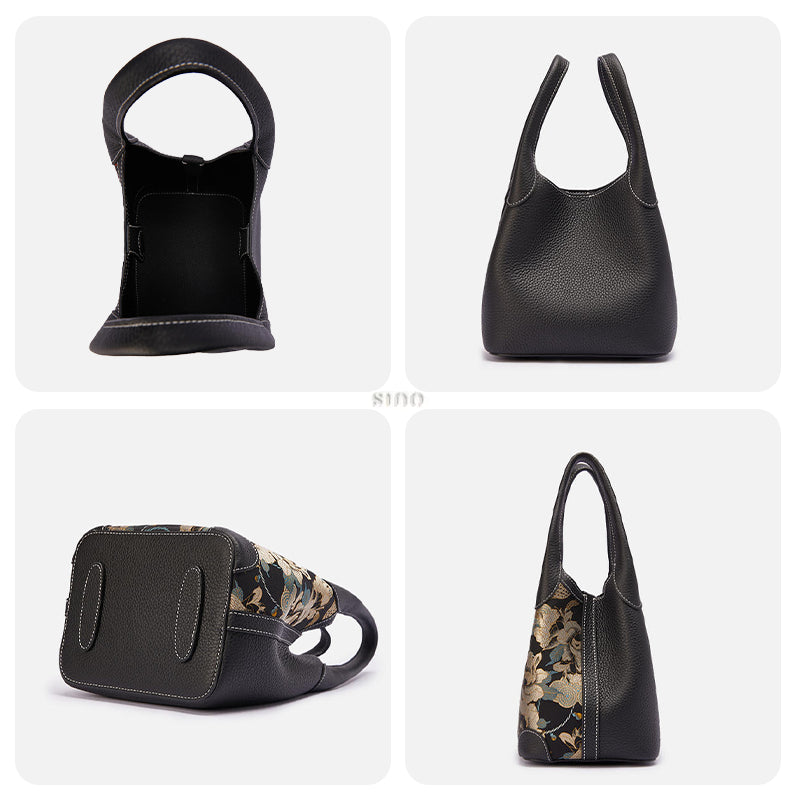 Four-panel structure details of luxury basket tote bag showing interior, back panel, bottom base, and side profile in premium leather finish.
