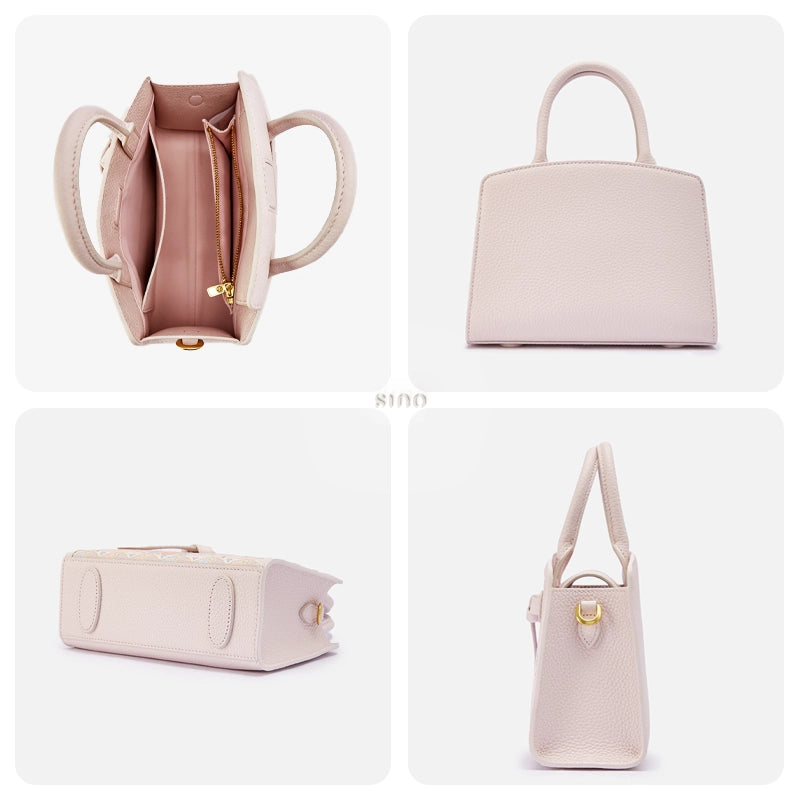 Interior, back, base, and side views of the Luxury Song Brocade Ruyi Longevity Motif Leather Top Handle Bag.