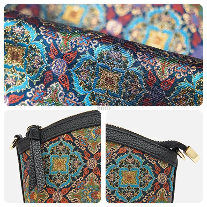Detail collage of the Luxury Song Brocade Scrolling Foliage & Lotus Motif Clutch Bag showing Song brocade craftsmanship, scrolling foliage and lotus motif, zipper detail, and leather texture.