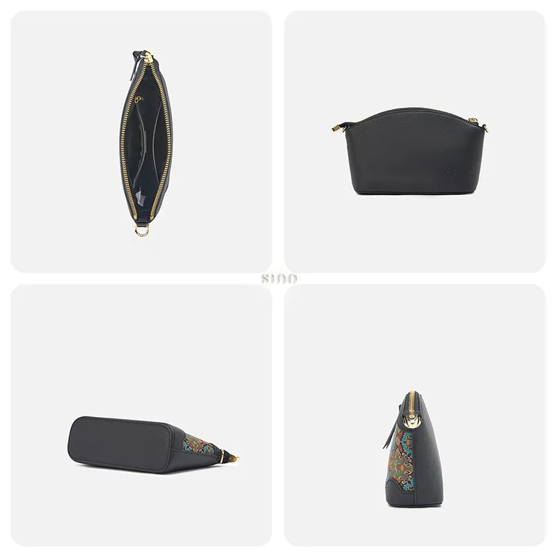 Detail collage of the Luxury Song Brocade Scrolling Foliage & Lotus Motif Clutch Bag showing interior capacity, back leather texture, bottom detail, and side texture.