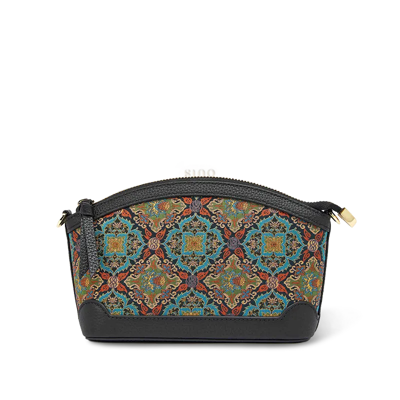 Front view of Luxury Song Brocade Scrolling Foliage & Lotus Motif Clutch Bag on white background.