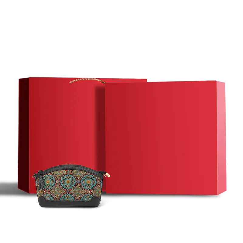 Luxury Song Brocade Scrolling Foliage & Lotus Motif Clutch Bag with red gift box.