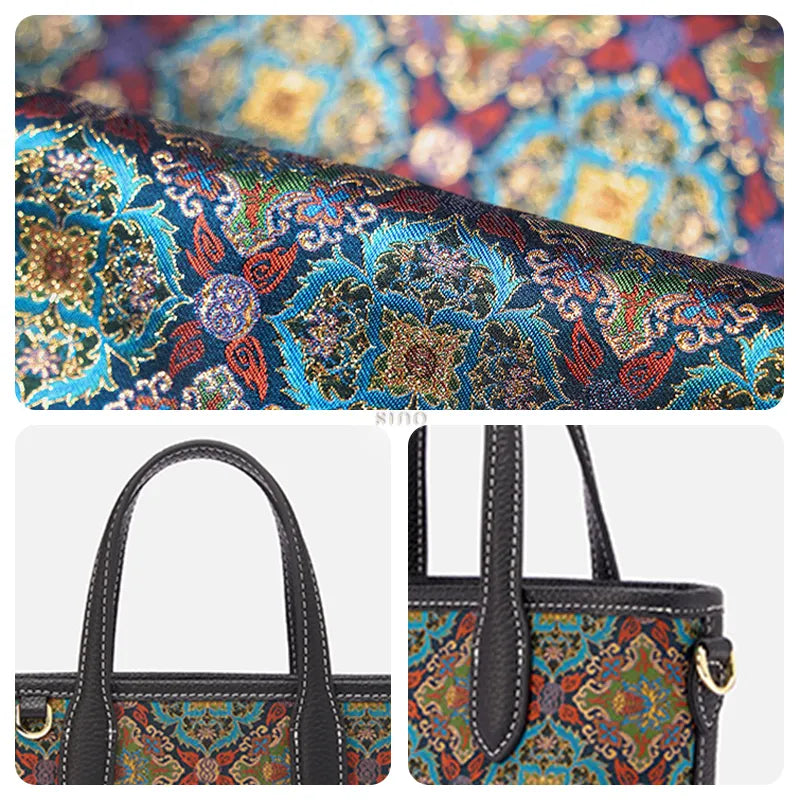 Detail collage of the Luxury Song Brocade Scrolling Foliage & Lotus Motif Handbag showing Song brocade pattern, top handle strap, and metal hardware clasp.