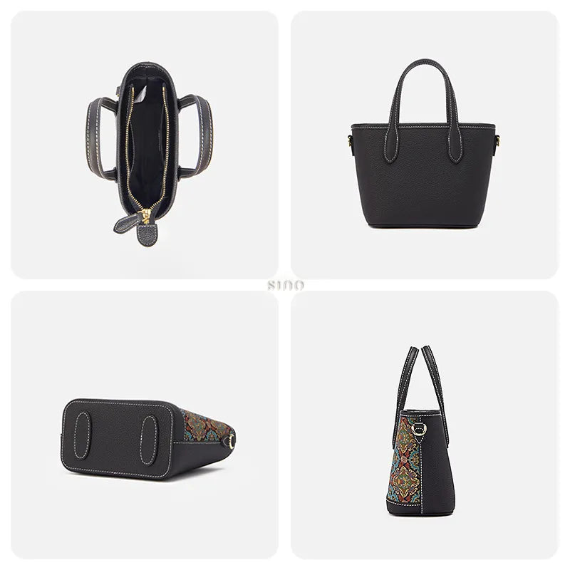 Detail collage of the Luxury Song Brocade Scrolling Foliage & Lotus Motif Handbag showing interior capacity, back leather texture, bottom detail, and side texture.