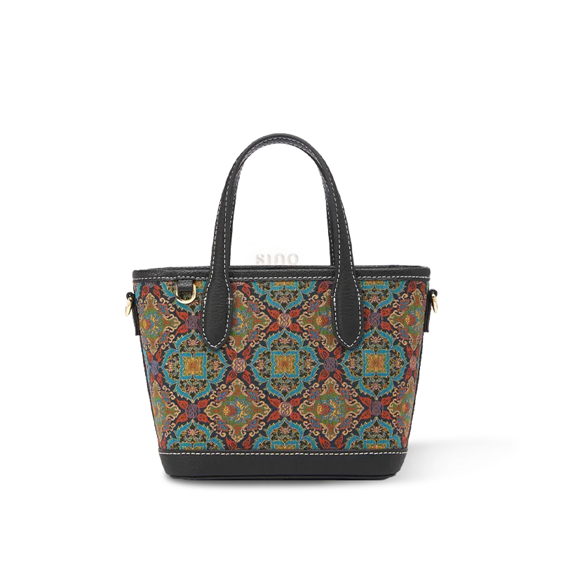 Front view of Luxury Song Brocade Scrolling Foliage & Lotus Motif Handbag on white background.