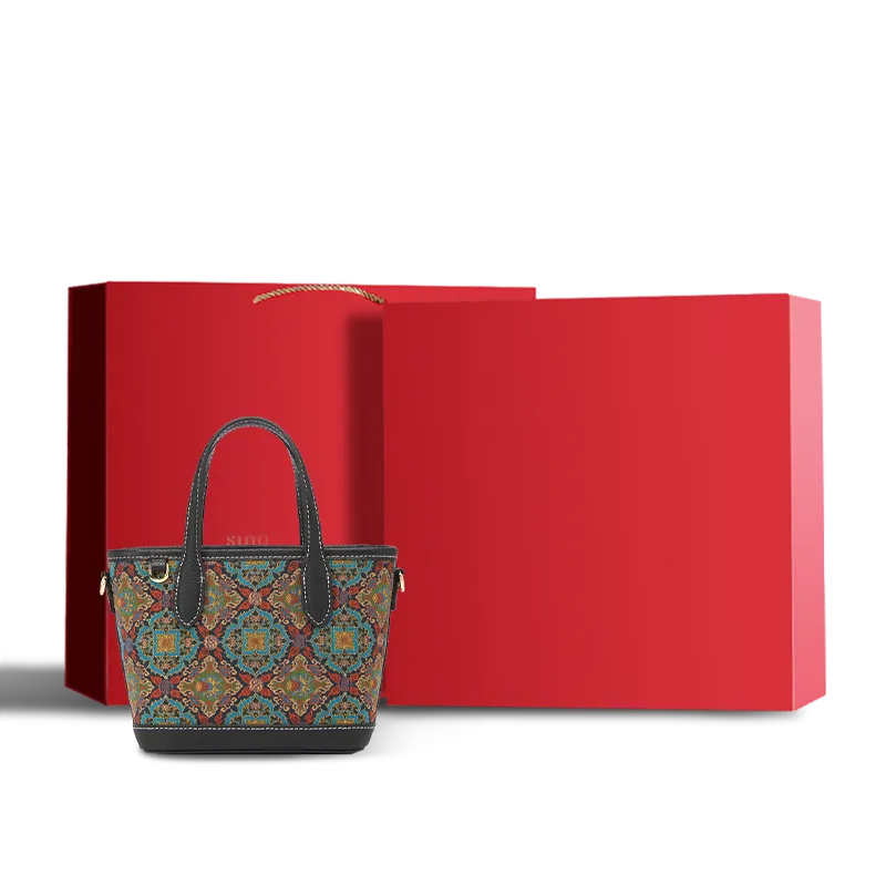 Luxury Song Brocade Scrolling Foliage & Lotus Motif Handbag with red gift box.
