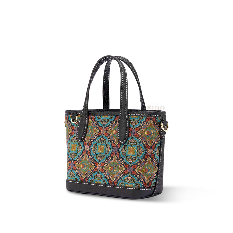 Side view of Luxury Song Brocade Scrolling Foliage & Lotus Motif Handbag on white background.