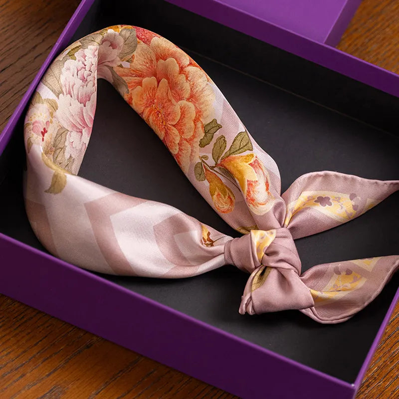Spring Floral Vase mulberry silk square scarf displayed in a purple gift box, suitable as a luxury silk scarf gift for women.