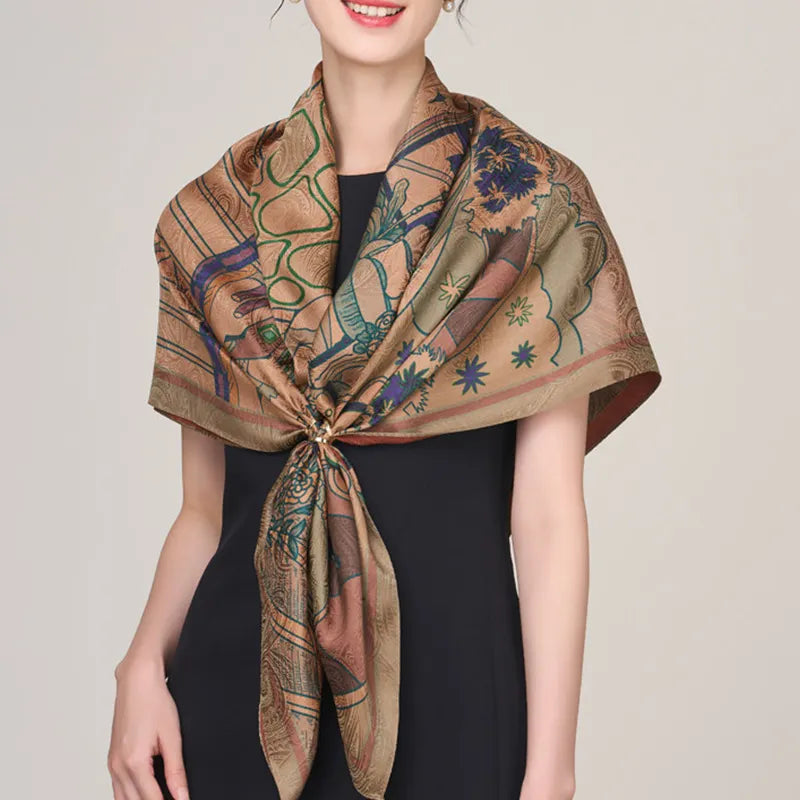 Xiangyunsha silk scarf knotted at model neck.