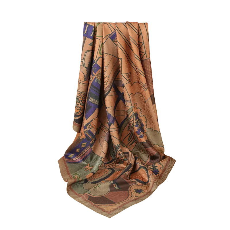 105x105cm Chinese jacquard silk scarf flat lay.