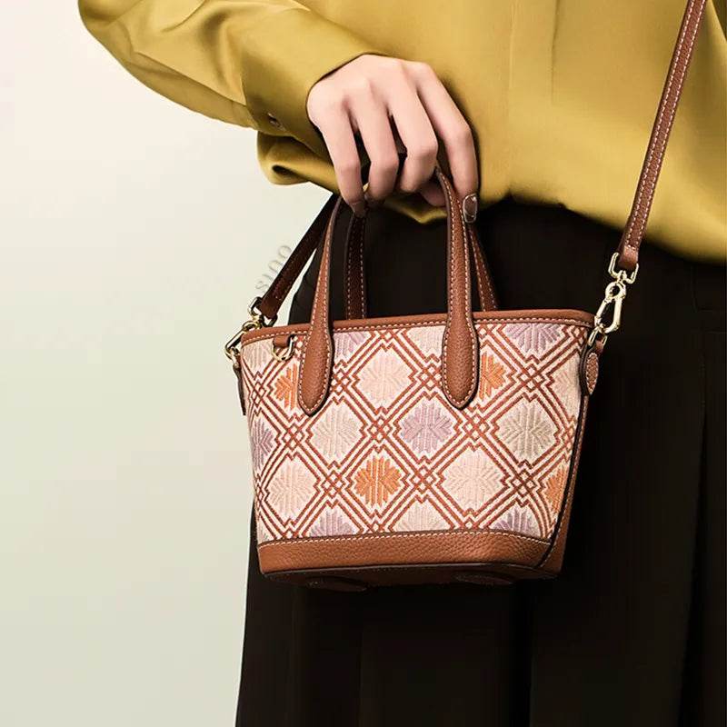 Luxury Zhuang Brocade Embroidered Leather Zipper Crossbody Bag - SinoCultural -- FJ110696
