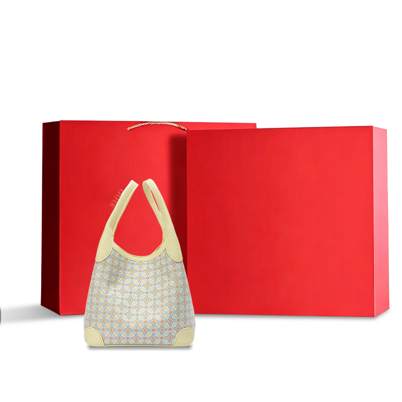 Luxury Zhuang Brocade Osmanthus Motif Leather Basket Tote Bag displayed with a red gift box, ideal for elegant gifting and premium retail presentation.